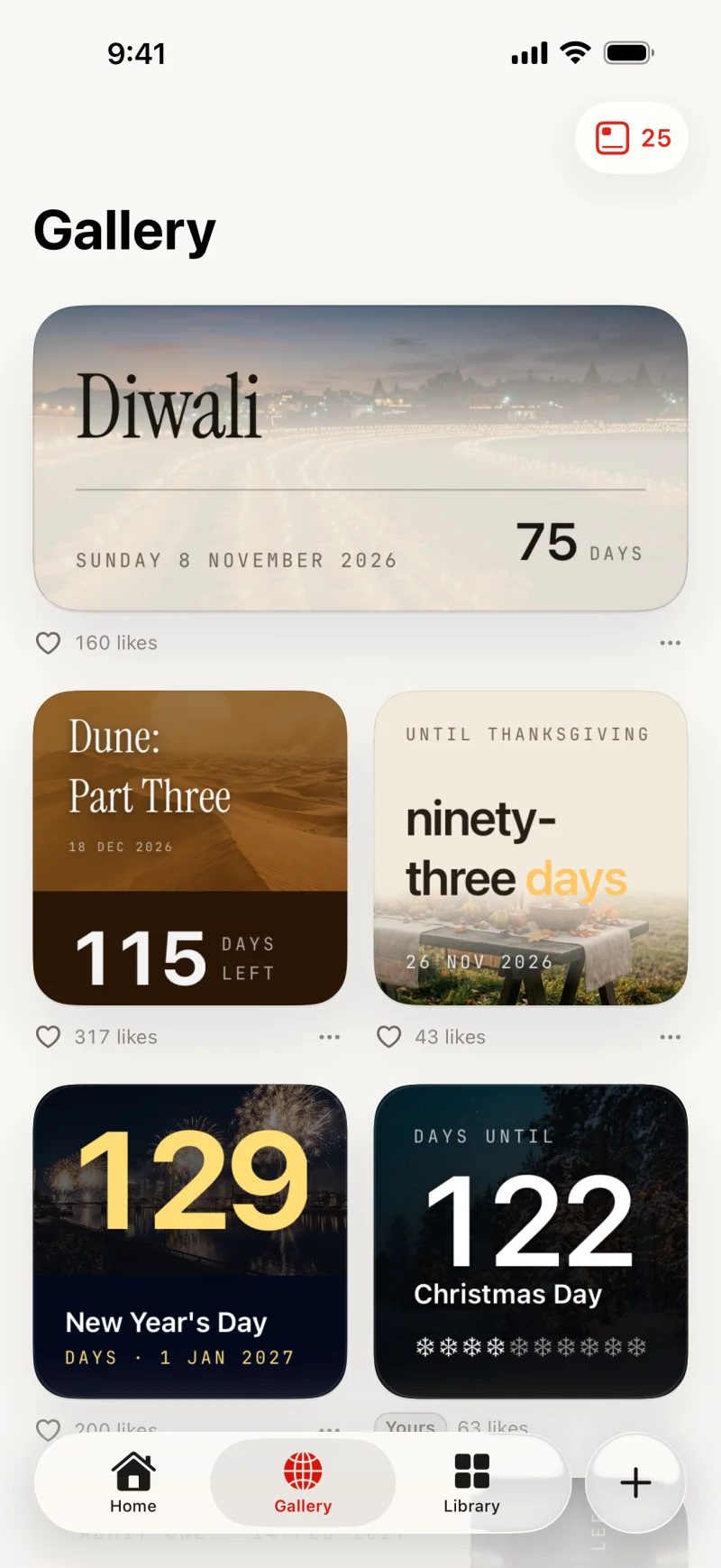 The Any Countdown gallery, showing countdowns other people have made
