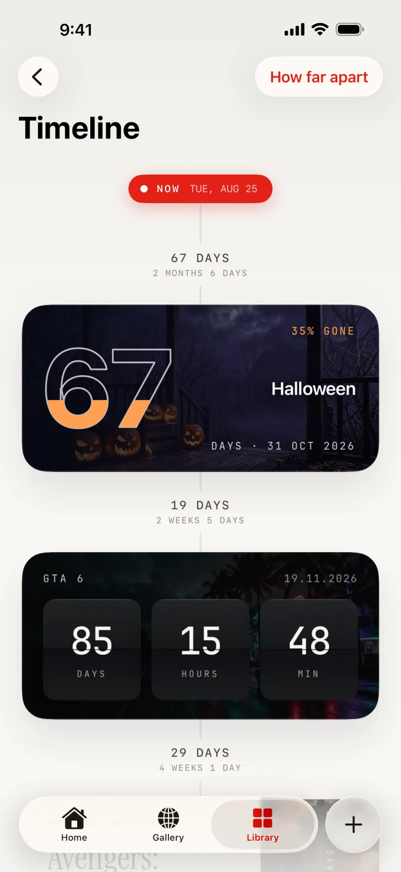 A finished countdown in Any Countdown, showing days, hours and minutes left