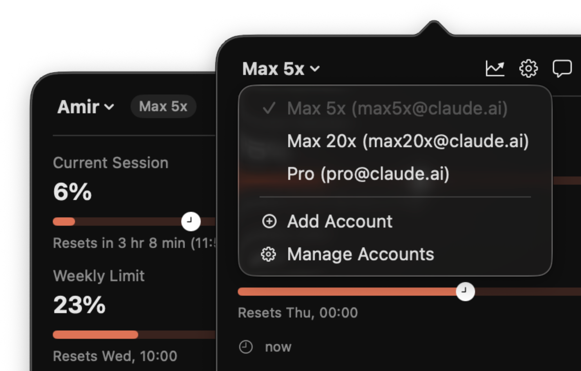 The menu bar account switcher listing Max 5x, Max 20x, and Pro accounts, with Add Account and Manage Accounts