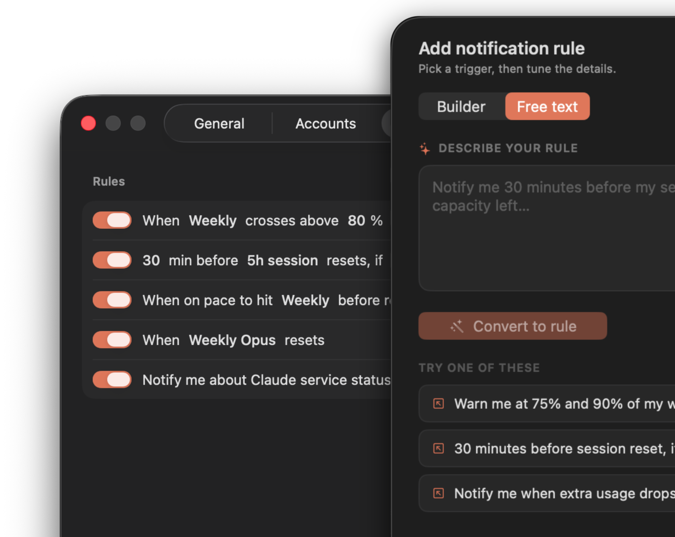 Notification rules in Settings alongside the Add notification rule sheet, with a free text field for describing a rule