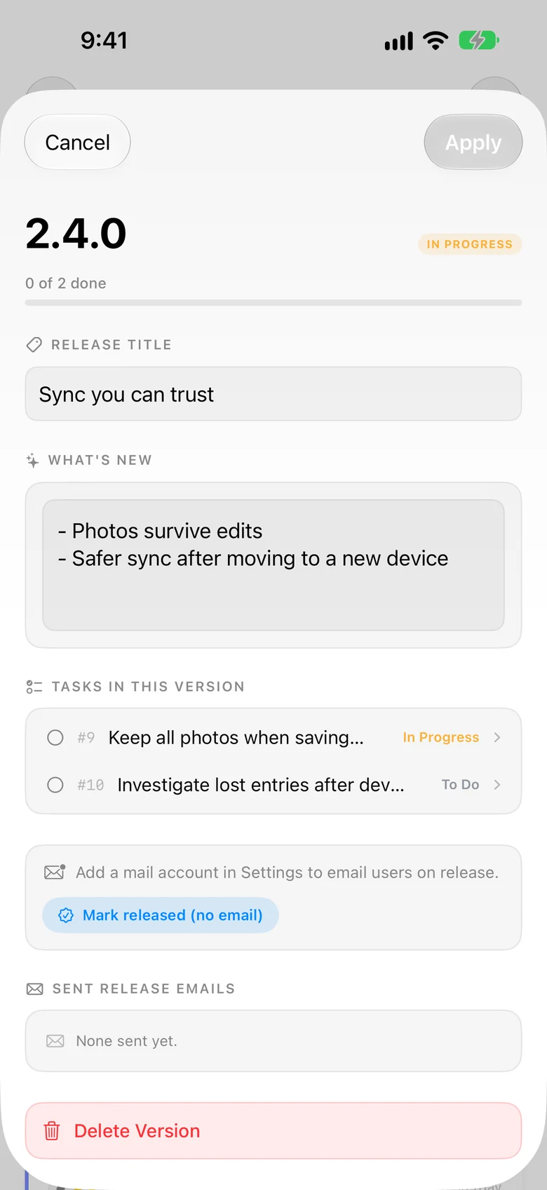 Version detail with release notes on iPhone