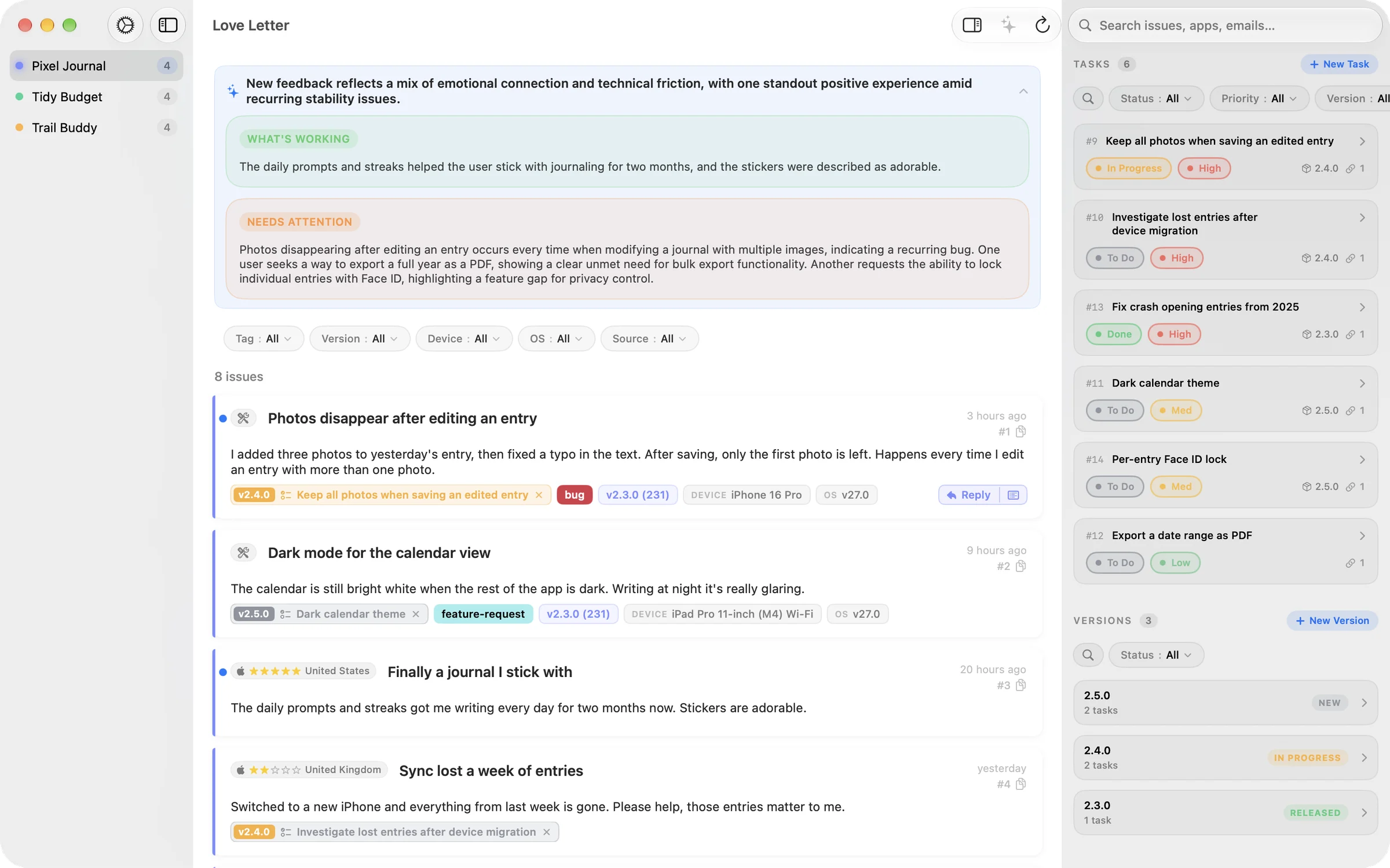 Love Letter on Mac showing feedback for Pixel Journal