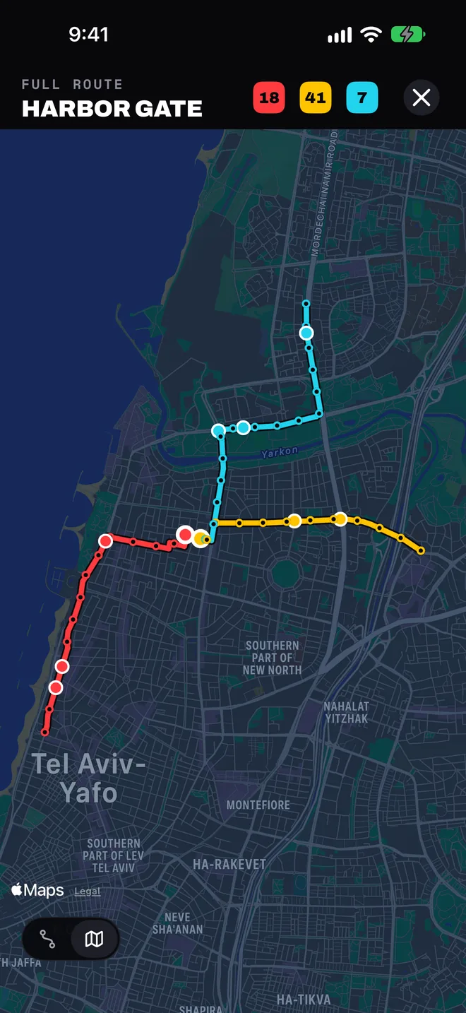 Ibilbidearen mapa: 18, 41 eta 7 lineak hiriko kaleetan marraztuta, zure geltokian elkartzen