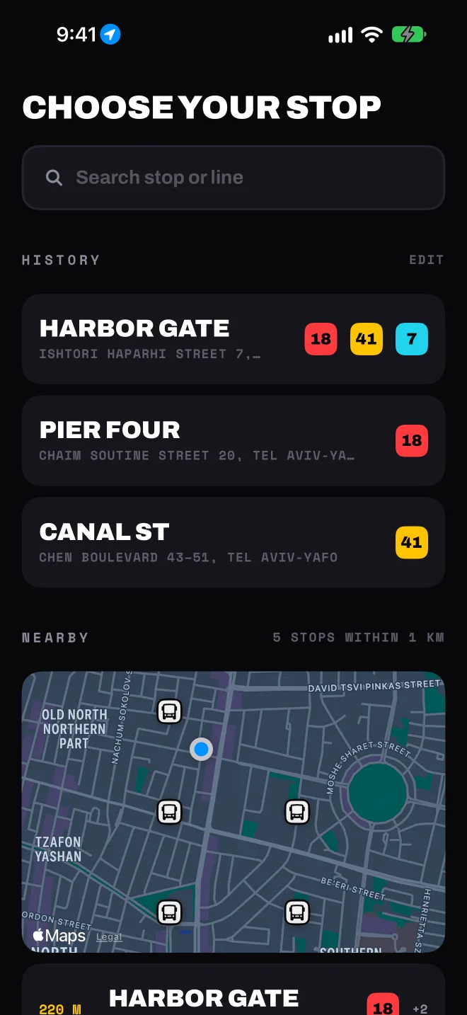 The stop screen, listing stops nearby