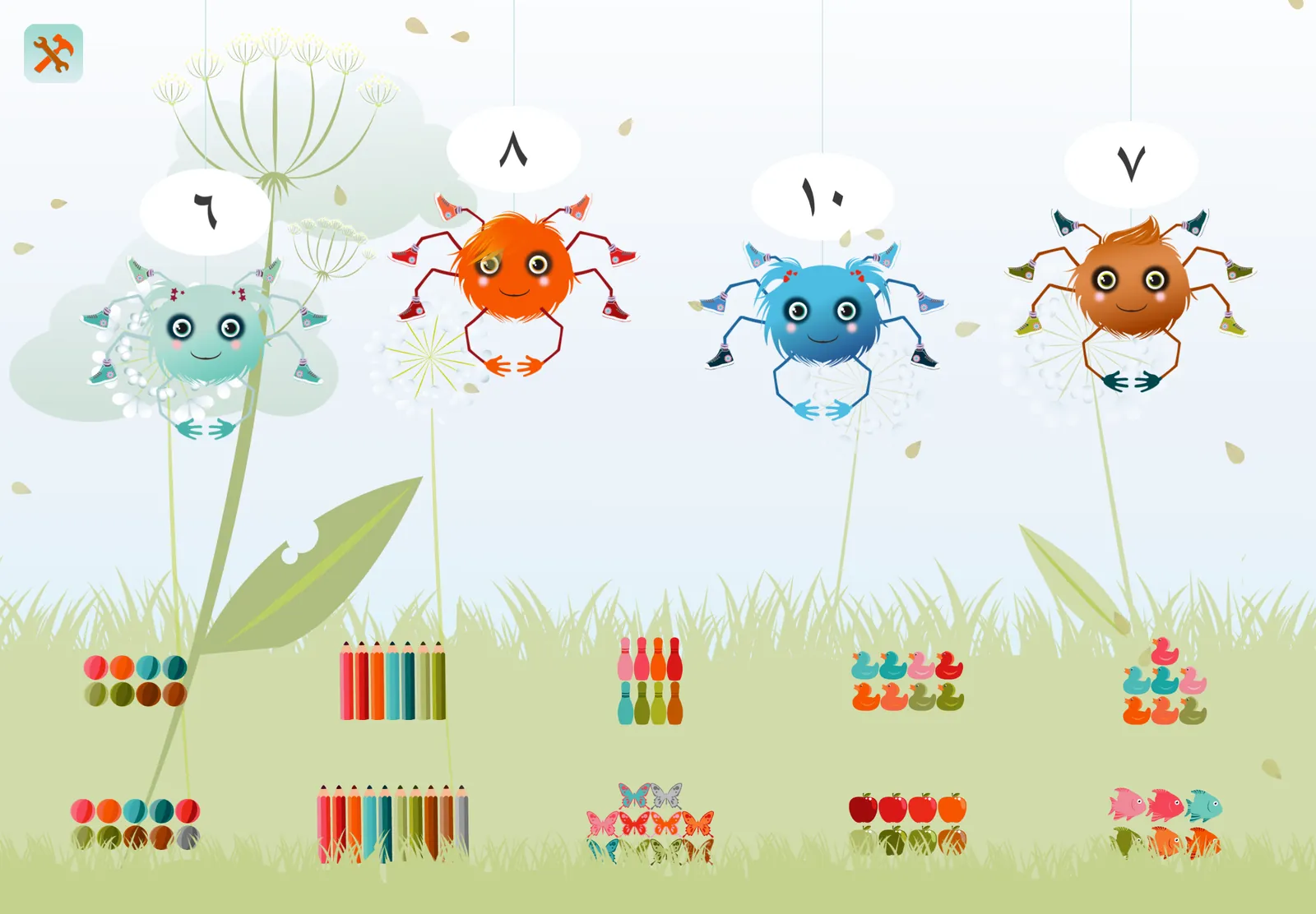 The numbers game on iPad: spiders showing 6, 8, 10 and 7, with groups of pencils, ducks and apples in the grass