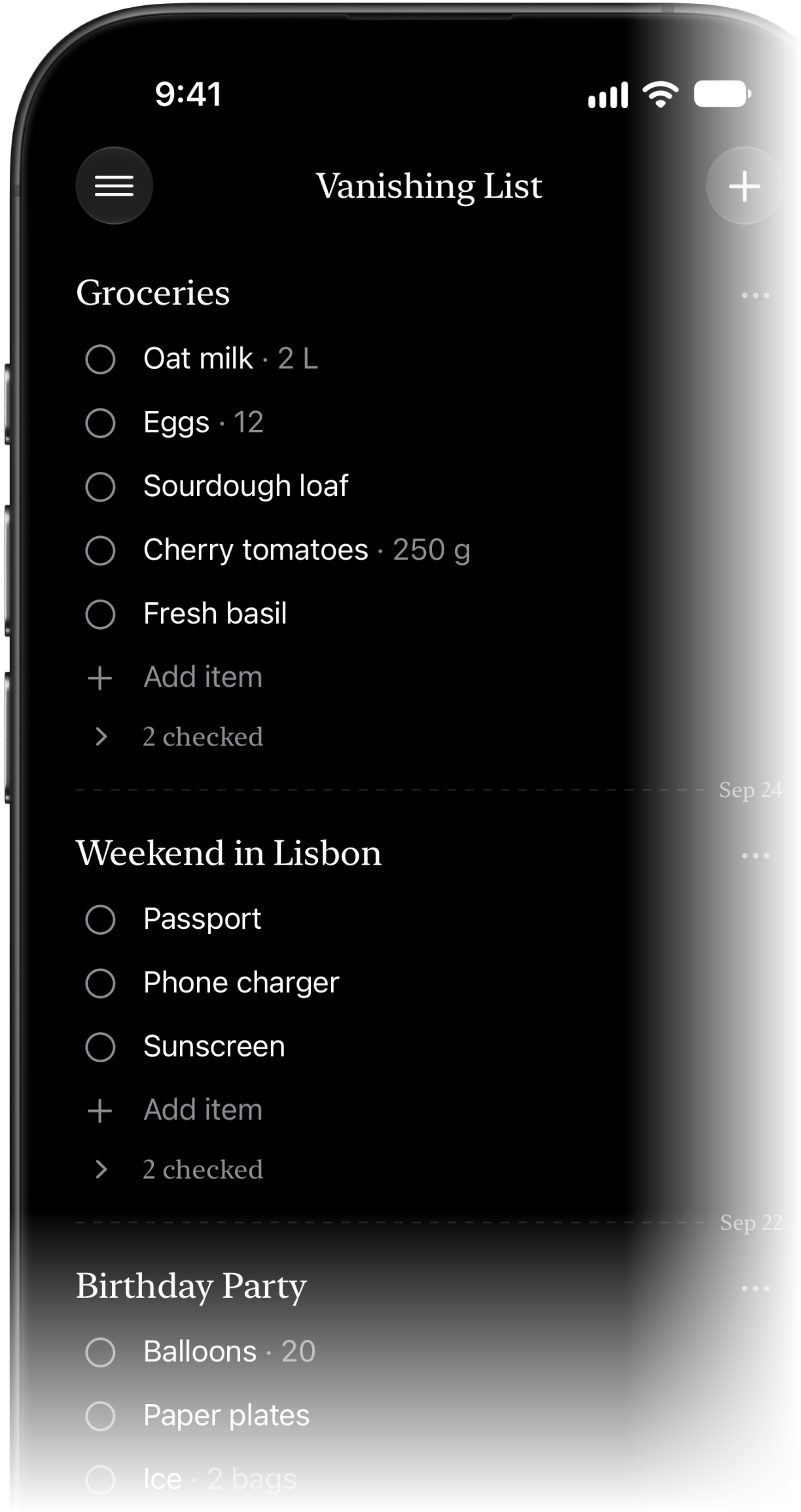 Vanishing List App Screenshot