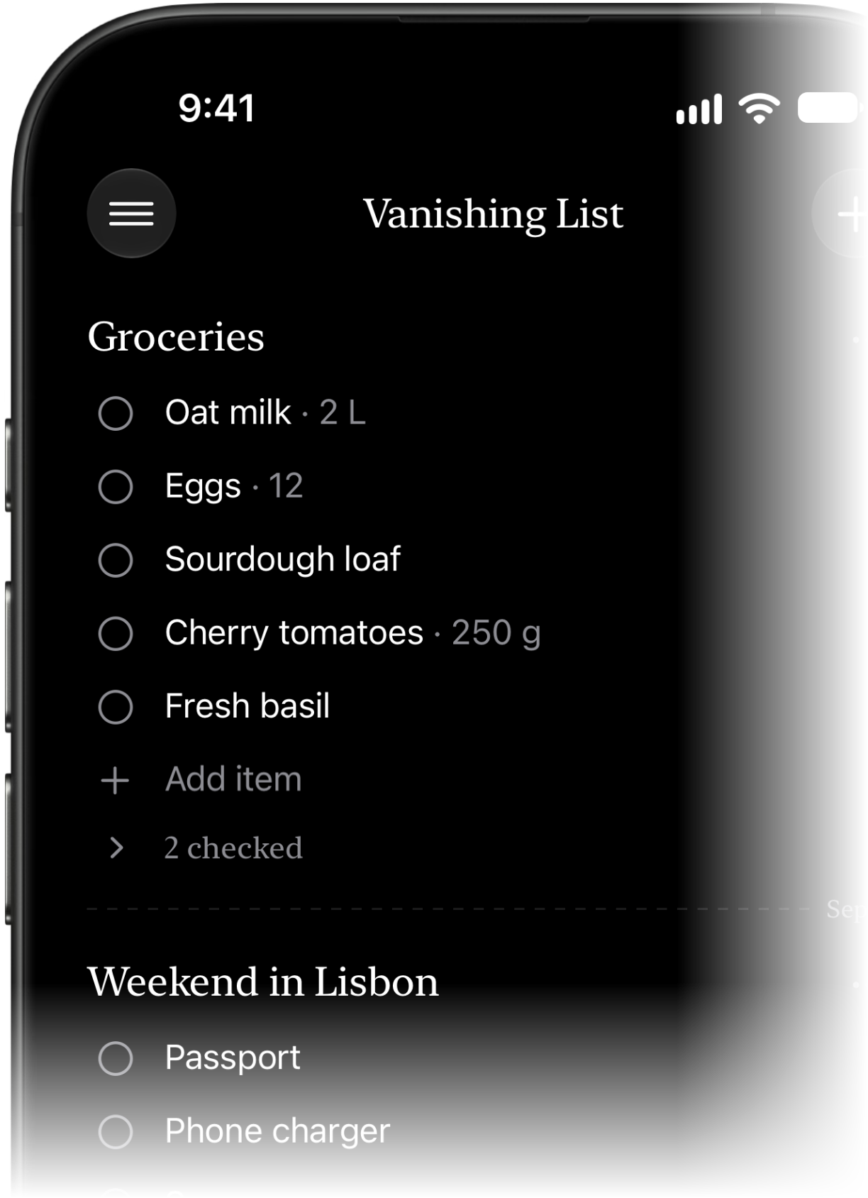 Vanishing List App Screenshot
