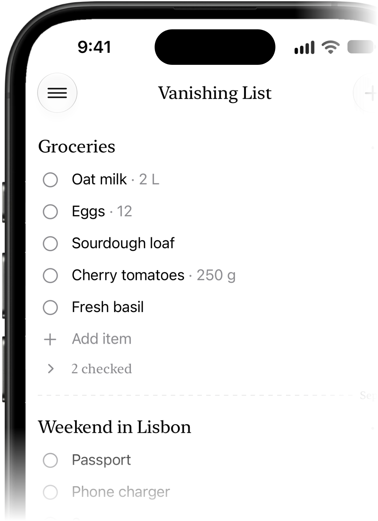 Vanishing List App Screenshot