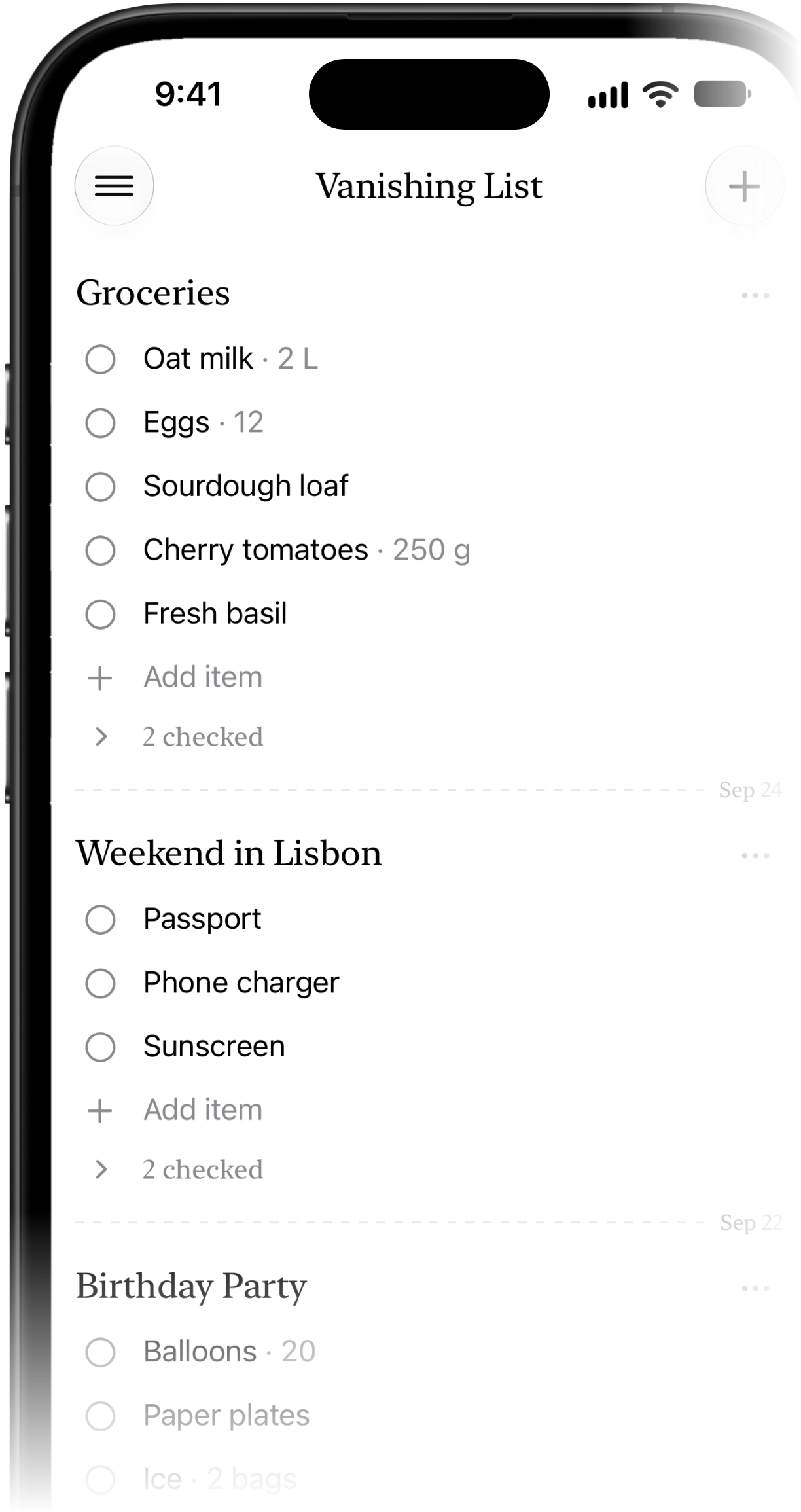 Vanishing List App Screenshot